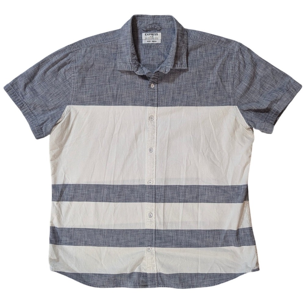 Express Men XL Blue White Soft Wash Colorblock Striped Short Sleeve Shirt Button